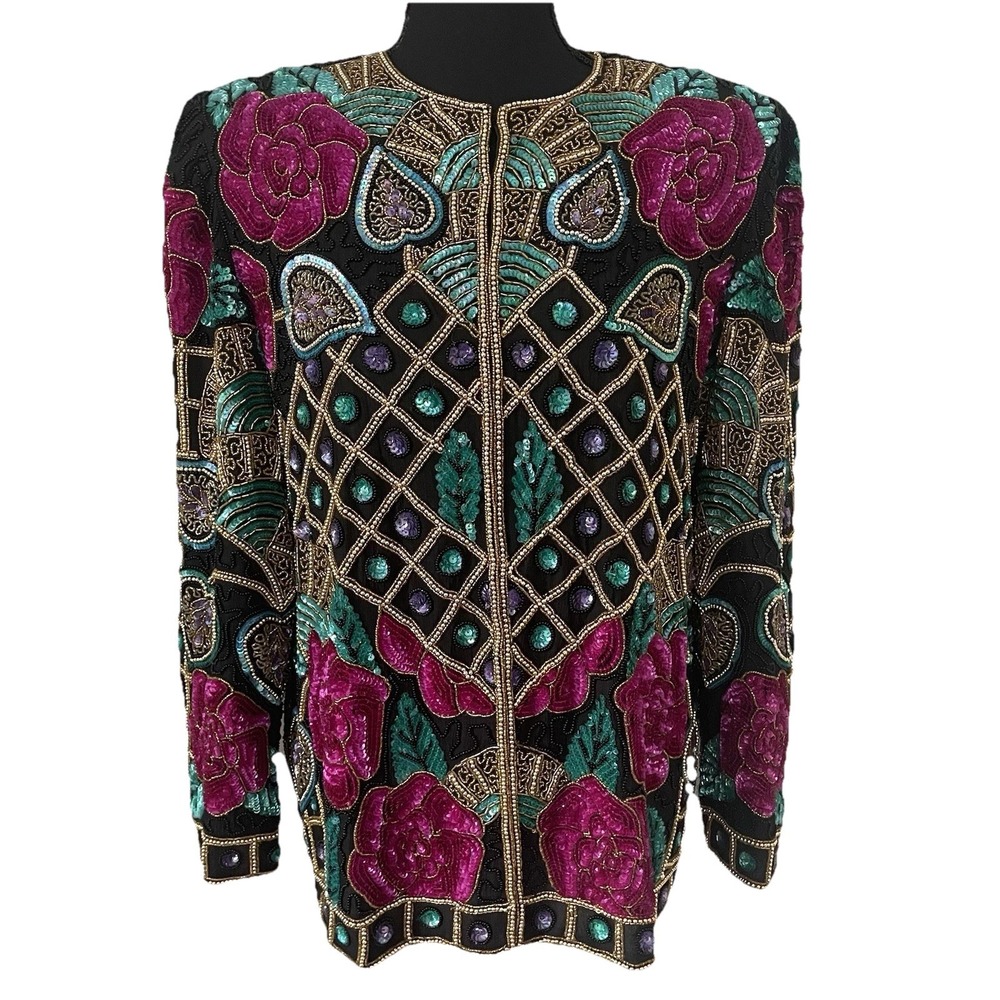 VTG JOAN LESLIE Sz M‎ Silk Beaded Sequin Jacket Floral *LOOKS BETTER IN PERSON!